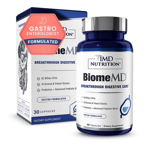 [BRSWGBIKOAJQEHY2] 1MD Nutrition BiomeMD Probiotics | 62 Billion CFUs, 15 Comprehensive Strains - Pro & Prebiotics | Doctor-Formulated for Digestive Health & Immune Support | 30 Capsules