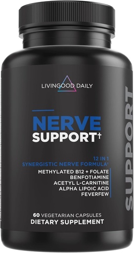 [BRSROBL7OYCWEFLB] Livingood Daily Nerve Support Supplement for Women & Men, 12-in-1 Nerve Health Formula with Methylated B12, Folate, Benfotiamine, Alpha Lipoic Acid & Feverfew, Gluten Free, Non-GMO, 60 Capsules