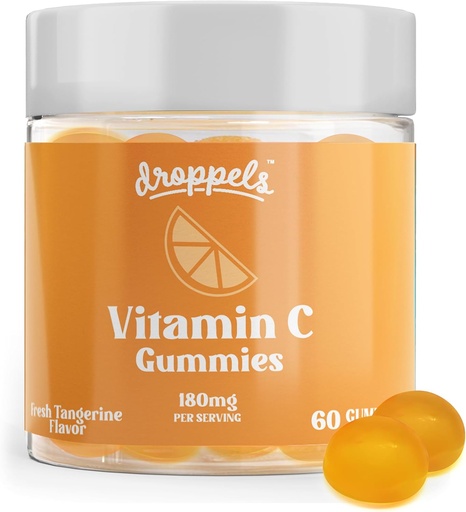 [BRSRA235DNYGA2T6] Droppels 비타민 C Gummies, 180mg - Vegan, Pectin Plant 기반 면역 지원 부스터 보충 - Tangerine 풍미, 60 카운트 (1 개월 공급)