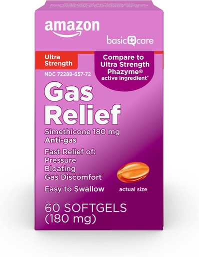 [BRSW2CQNBEJQ4ADU] Basic care Gas Relief, Ultra Strength Gas and Bloating Relief pieaugušajiem, 180 mg Simeticone Fast Gels, 48 grāf