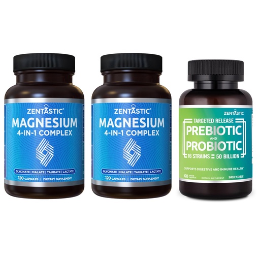 [BRSROA36OYHQKG36] Zentastic 2 Pack 4-in-1 Magnesium Complex - Chelated Magnesium Glycinate, Malate, Taurate & Lactate & 1 Pack Probiotics & Prebiotics Supplement
