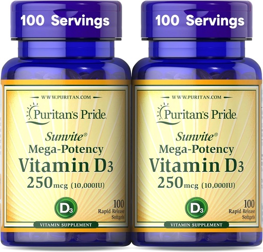 [BRSRMZQQAAOQGELD] Puritan 's Pride Premium Sunvite ™ Mega- Potency D3 Vitamin 10 000 NE, Diétás kiegészítés egészséges csontokhoz, fogak és immunrendszer támogatás, 100 Rapid Release Softtels