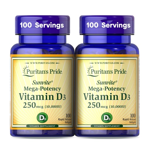 [BRSRMZQQAAOQGELD] Puritan's Pride Premium Sunvite™ Mega-Potency Vitamin D3 10,000 IU, Dietary Supplement for Healthy Bones, Teeth, and Immune System Support, 100 Rapid Release Softgels