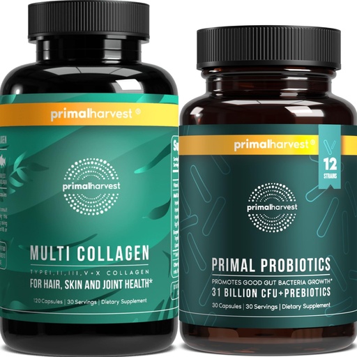 [BRSRMYYOAUOQY33Z] Primal Harvest Probiotics & Multi Collagen Supplements for Women and Men Pre and Probiotics with 31 Billion CFU and Collagen Peptides Pills Bundle