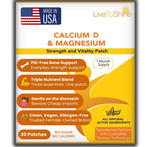 [BRSWGZQYBACQOCTD] Calcium Magnesium Vitamin D Patch – Pill-Free Topical Supplement – 18 Transdermal Patches (1 Month Supply) – Vegan, Allergen Free – Made in USA – Live to Shine for Men & Women
