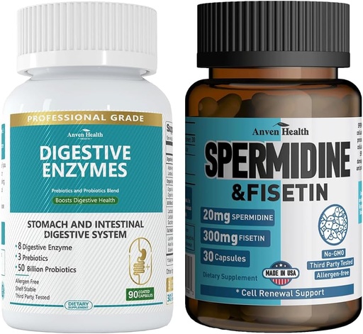 [BRSRAAAZOEBQMFLB] 800mg Digestive Enzymes for Men and Women + Spermidine & Fisetin Supplement - 20mg of 98% Spermidine 3HCL