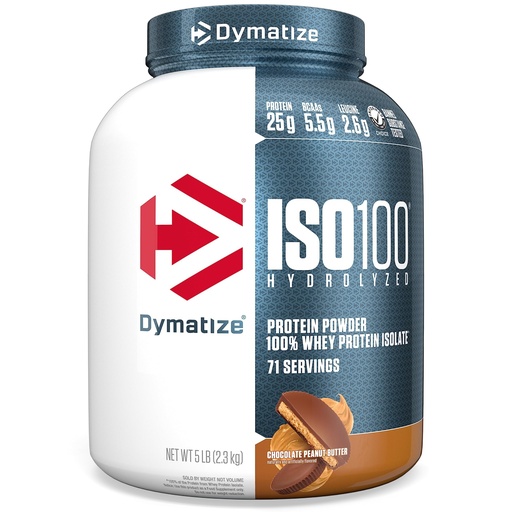 [BRSWECQROQFROHQ3] Dymatize ISO100 Whey Protein Powder Isolate, Chocolate Peanut Butter, 25g of Protein, 5 Pound, 5.5g BCAAs, Less Than 120 Cal., Gluten Free, 1g Fat, 1g Sugar, 2g Carb (71 Servings)