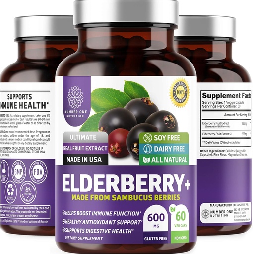 [BRSWYEA5BF4AEYDJ] N1N Premium Black Elderberry Capsules for Adults [Max Strength] Pure and Potent Elderberry from Sambucus Nigra to Support Immunity & Skin Health, Non-GMO, Gluten Free, 60 Veg Caps