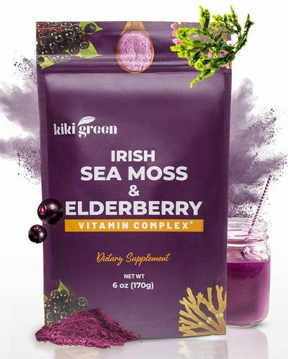 [BRSW2YAKCF6GK3TO] KIKI Green Sea Moss Powder with Elderberry - Vegan Superfood Multivitamin Blend - for Immune Boost and Support - Add to Smoothies, Juice, 6 oz