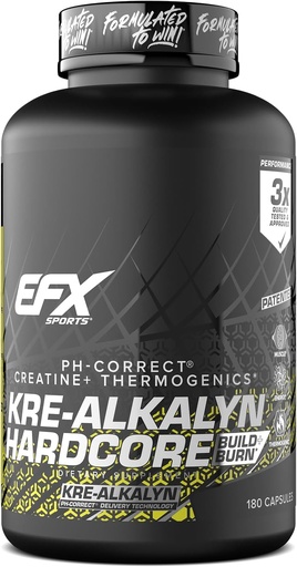 [BRSWGCADDMCWKE3V] EFX Sports Kre-Alkalyn Hardcore | Thermogenic pH Correct Creatine Monohydrate Pill Supplement | Energy & Strength Pre Workout | 60 Servings, 180 Capsules