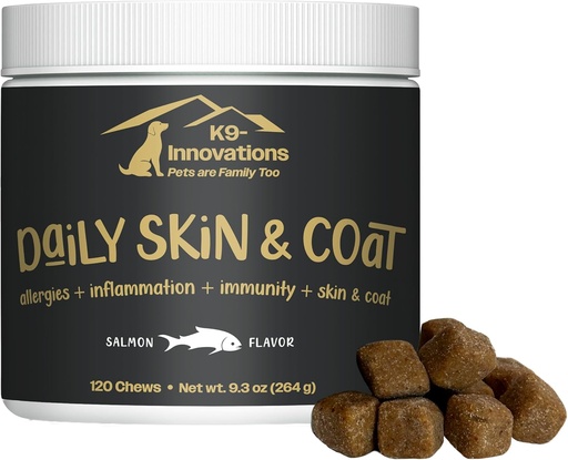 [BRSRAFQYBEDWA3AY] K9-Innovations - Daily Skin & Coat Dog Chews Salmon Flavor - Reduce Itching & Paw Chewing, Omega 3 & VIT C for Skin Health - 1-4 Month Supply (120qty)