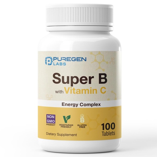 [BRSROAIFO54BSYAY] Puregen Labs Super B Energy Complex with Vitamin C - Immune Health, Energy & Nervous System Support - Non-GMO, Gluten-Free 100 Vegetarian Tablets