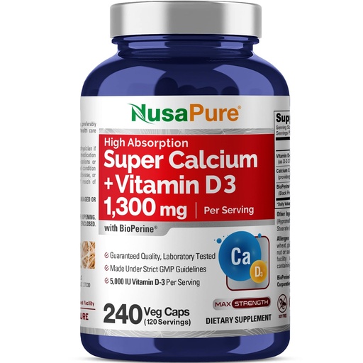 [BRSWGGQROQIBUYA6] Super Calcium with Vitamin D3 Non GMO 1300 mg 240 Veg Capsules -120 Serves | Calcium Citrate Complex Supports Nutritional Supplementation,Vegan, Manufactured in the USA in a cGMP registered facility