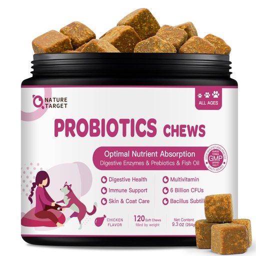 [BRSROHARCAIBGCQ4] NATURE TARGET Probiotics for Dogs & Digestive Enzymes for Digestive Health - Plus Fish Oil & Vitamins Supplement for Allergies & Immune & Itchy Skin, 120 Chicken Flavor Probiotic Soft Chews