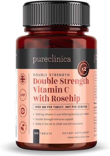 [BRSWGAT7ORYRM3TX] pureclinica Vitamin C with Rosehip – 2000mg (1000mg VIT C & 1000mg Rosehip Extract) x 180 Tablets - 6 Months Supply!