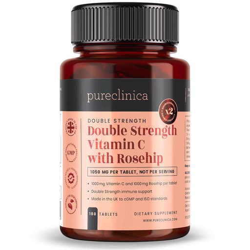 [BRSWGAT7ORYRM3TX] pureclinica Vitamin C with Rosehip – 2000mg (1000mg VIT C & 1000mg Rosehip Extract) x 180 Tablets - 6 Months Supply!