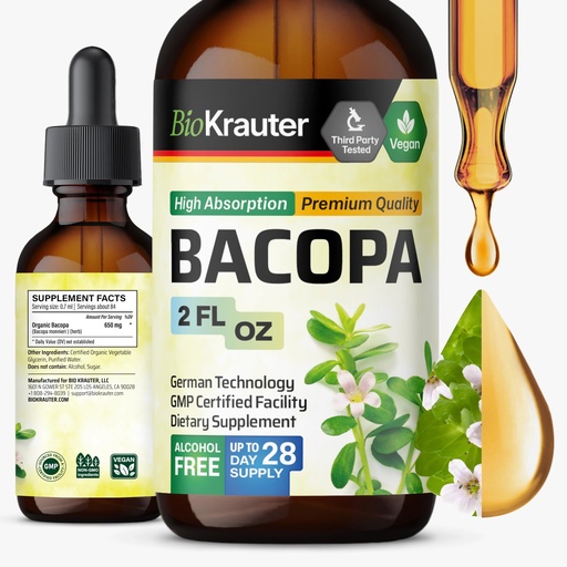 [BRSROGAZCICROAA7] BIO KRAUTER® Bacopa Monnieri for Brain Support - Liquid Drops Bacopa Extract (Brahmi Powder) 650 mg per Serving 2 Fl.Oz - Vegan Brain Supplement, Supports Calm, Focus & Clarity - Alcohol & Sugar Free