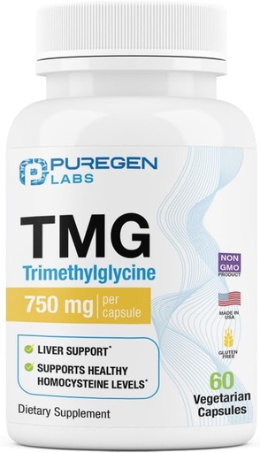 [BRSRAZINDECGYELO] Puregen Labs TMG 750 mg – Trimethylglycine Supplement – Ermutigt gesunde Homocystein-Level, Non-GMO, NO Gluten und Dairy | Made in USA - 60 vegetarische Kapseln
