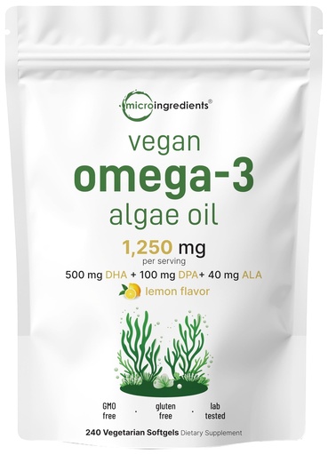 [BRSRAYI5OZ4BA2TO] Micro Ingredients Vegan Omega 3 Algae Oil, 240 Veggie Softgels | Fish Oil Alternative | DHA 500mg & DPA 100mg | Carrageenan Free | Plant-Based Omega 3 with Flaxseed & ALA | Lemon Flavored