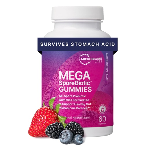[BRSRAFQTCMOQODQZ] Microbiome Labs Spore Based Probiotic Gummies for Women, Men & Children - MegaSporeBiotic Gummies - 4 Bacillus Probiotics for Digestive Health & Microbiome Support - Berry Flavor (60 Gummies)