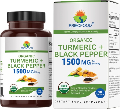 [BRSRMZAKCB5RQYLZ] Brieofood Organic Turmeric with Black Pepper 1500mg, 45 Servings, Vegetarian, Gluten Free, 90 Vegetarian Tablets