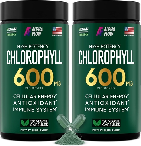 [BRSRAZYLPJ7AYDL4] Alpha Flow [2 Pack] Chlorophyll Kapseln 600mg - Chlorophyll-Ergänzung für Energie & Haut - Internes Deodorant für Frauen & Männer - Alternative zu Flüssigkeitstropfen - 240 Vegan Pillen