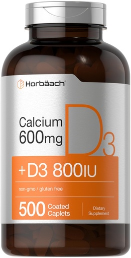 [BRSROEILOABBA3TF] Horbaach Calcium 600 mg with Vitamin D3 | 500 Coated Caplets | for Women and Men | Non-GMO & Gluten Free Supplement