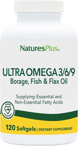 [BRSWIYQCBIJRQ2I3] Natures Plus Ultra Omega 3 6 9-1200 mg, 120 Softgels - Huile de borage, huile de poisson, supplément d'huile de lin - Sans gluten - 120 portions
