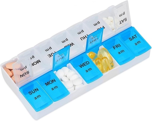 [BRSROGQYOIARYHTZ] Pill organizator 7 Day, Pill Box 2 Reizi dienā AM PM Pill Case, Weekly Pill Container Portable Travel Medicine Box Vitamīniem un papildinājumiem (Blue-White)