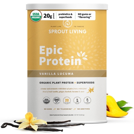 [BRSWYYAPBYBRGETV] Sprout Living Epic Protein, Plant Based Protein & Superfoods Powder, Vanilla Lucuma Powder | 20 Grams Organic Protein Powder, Vegan, Non Dairy, Non-GMO, Gluten Free, Low Sugar (2 Pound, 24 Servings)
