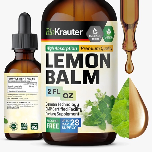 [BRSWGHYCOAPRE2T4] BIO KRAUTER Lemon Balm Leaf Extract - Vegan Melissa Lemon Balm Tintura para la calma Soporte - Azúcar &amp; Alcohol-Free - 2 Fl. Oz.