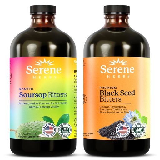[BRSRAZQECMBBGFY3] Serene Herbs Soursop Bitters Liquid & Black Seed Bundle – Organic Herbal Guanabana for Digestive Support & Immune Health – Vegan, Non-GMO – 32 oz (16 oz Each), 32 Servings