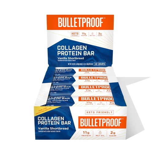 [BRSWECQQBB4AIYDV] Bulletproof Vanilla Shortbread Collagen Protein Bars, Pack of 12, Keto-Friendly Snack with MCT Oil, 2g Sugar, No Added Sugar, Grass-Fed Collagen