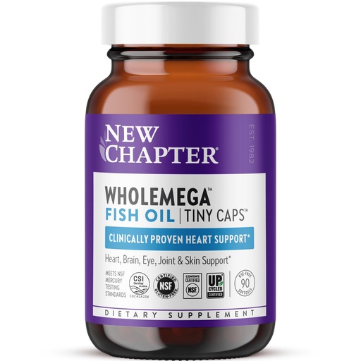 [BRSWIYAPCZ7R2GDU] New Chapter Wholemega Fish Oil Supplement, Tiny Capsules, 2000mg per Serving, Clinically Proven Wild Alaskan Salmon Oil with Omega-3 + Vitamin D3 + Astaxanthin, 500mg Each - 90 Count