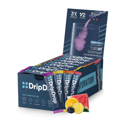 [BRSWYBDYOYGRGFI6] DripDrop Hydration Packets - Bold Variety Pack - Single Serve Electrolytes Powder Drink Mix - Watermelon, Berry, Lemon, Orange - Non-GMO, Gluten Free - 16OZ Serving Size - 80 Sticks - Value Pack