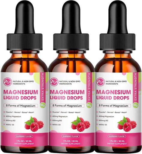 [BRSRAAQBBEPRQDQY] (3 Pack) Magnesium Liquid Drops - 8 in 1 Magnesium Complex Supplement with Magnesium Glycinate, Citrate, Malate, Taurate, for Brain, Night, Muscle, Bone, Cramps, Raspberry Flavor