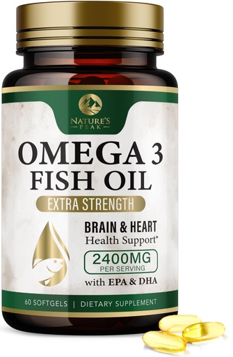[BRSRAEAZOUAW2CLB] Omega 3 Fish Oil Pills 2400mg - Triple Strength Omega 3 Fish Oil Supplements - Best EPA & DHA Fatty Acids for Brain & Heart Health Support, Nature's Omega3 Supplement, 30 Day Supply - 60 Softgels