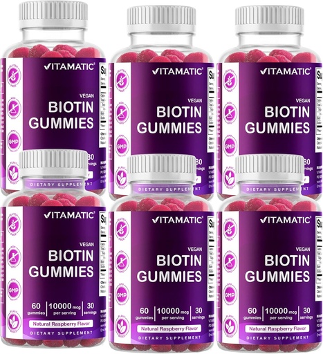 [BRSRMALRCQMGGAI4] Vitamatic Biotin Gummies 10,000 mcg for Stronger Hair, Skin & Nails - 60 Vegan Gummies - Also Called Vitamin B7 (6 Bottles)