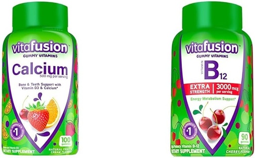 [BRSROAIKARYWKETB] Vitafusion Chewable Calcium Gummy Vitamins for Bone and Teeth Support & Extra Strength Vitamin B12 Gummy Vitamins for Energy Metabolism Support and Nervous System Health Support