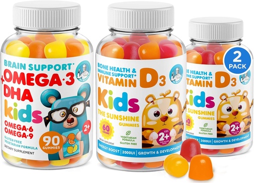 [BRSWYADRBUNWKFDG] Omega 3 DHA Gummies and Vitamin D Gummies for Kids & Adults - No Fish Oil and Gluten Free Immune Health Plant Based Fiber Chewable