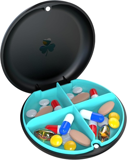 [BRSROFI7PMBQE3TH] 4 Pill Box, Moisture Proof Pill Case, Travel Pill Organizer for Pocket Purse, Daily Portable Medicine Vitamin Box, Fish Oil Box, Supplement Box (Black+Cyan)