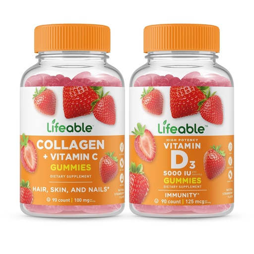 [BRSROFAQBUDWYF3P] Lifeable Collagen & Vitamin C + Vitamin D 5000 IU, Gummies Bundle - Great Tasting, Vitamin Supplement, Gluten Free, GMO Free, Chewable Gummy