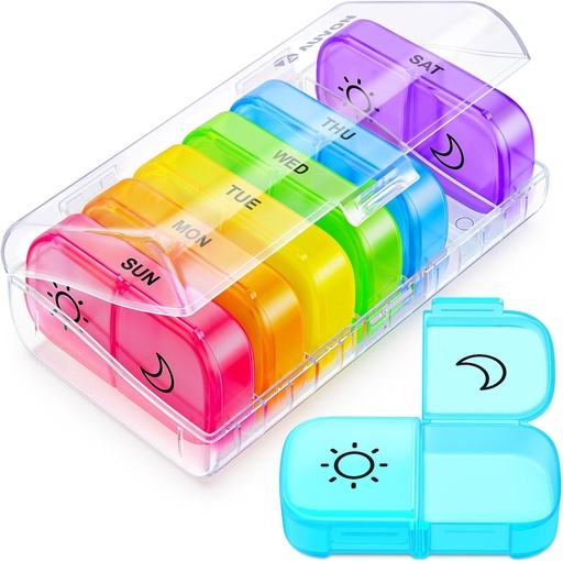[BRSROGIZOECAA2TK] AUVON XL Weekly Pill Organizer 2 Times a Day with Large Opening for Easy Filling, AM PM Pill Box 7 Day in Rainbow Colors, Portable Travel Pill Case for Medication, Vitamins, Fish Oils, Supplements