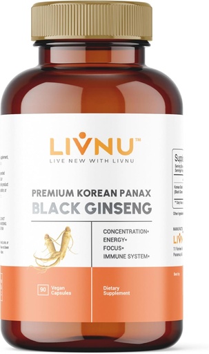 [BRSROBI7BAMG223F] LivNu | Premium Korean Black Panax Ginseng | High Ginsenosides for Energy, Focus, Performance, Stamina, and Immune Support | Vegan Pills