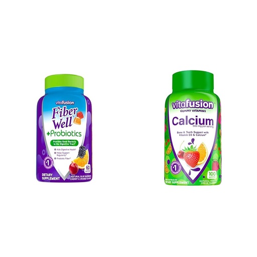 [BRSRAYYYBV7G2HTD] Vitafusion Fiber Well Probiotics Gummies Adults 60 Count & Calcium Gummy Vitamins Bone Teeth Support Fruit Cream Flavored 100 Count