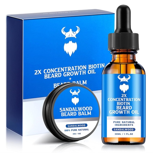 [BRSROAAZO5YRQA32] Beard Growth Oil & Beard Balm - Beard Growth Kit with 2X Concentration Biotin for Men, Natural Ingredients with Argan Oil, Jojoba Oil and Vitamin (Sandalwood)