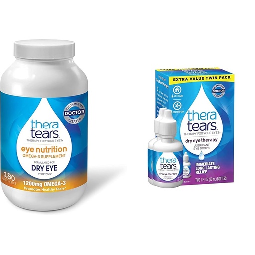 [BRSROAIPCQMAMG3U] TheraTears 1200mg Omega 3 Supplement for Eye Nutrition, Organic Flaxseed Triglyceride Fish Oil and Vitamin E, 180 Count & Dry Eye Therapy Lubricating Eye Drops for Dry Eyes, 1 fl oz Bottle Twin Pack