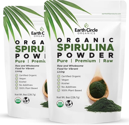 [BRSW2Y34A4JRQAA6] Earth Circle Organics Spirulina Powder, Kosher, Raw and Non-Irradiated | Pure Vegan Protein | Premium Energy Superfood, High in Amino Acids and Antioxidants - (8oz - 2Pack)