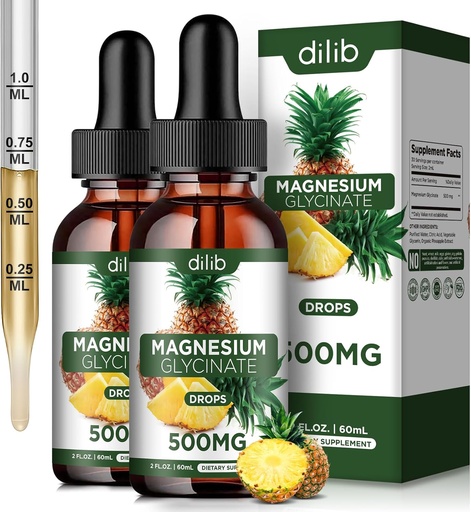 [BRSROGIHDEDRQA3Z] (2 Pack) Magnesium Glycinate Supplement, Liquid Magnesium Glycinate Liquid Drops 500mg-Support Stress Relief, Relaxation, Mood, Sleep, Bone & Muscle-4 Fl Oz, Vegan, Pineapple Flavor