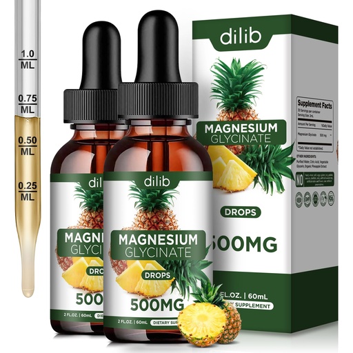 [BRSROGIHDEDRQA3Z] (2 Pack) Magnesium Glycinate Supplement, Liquid Magnesium Glycinate Liquid Drops 500mg-Support Stress Relief, Relaxation, Mood, Sleep, Bone & Muscle-4 Fl Oz, Vegan, Pineapple Flavor